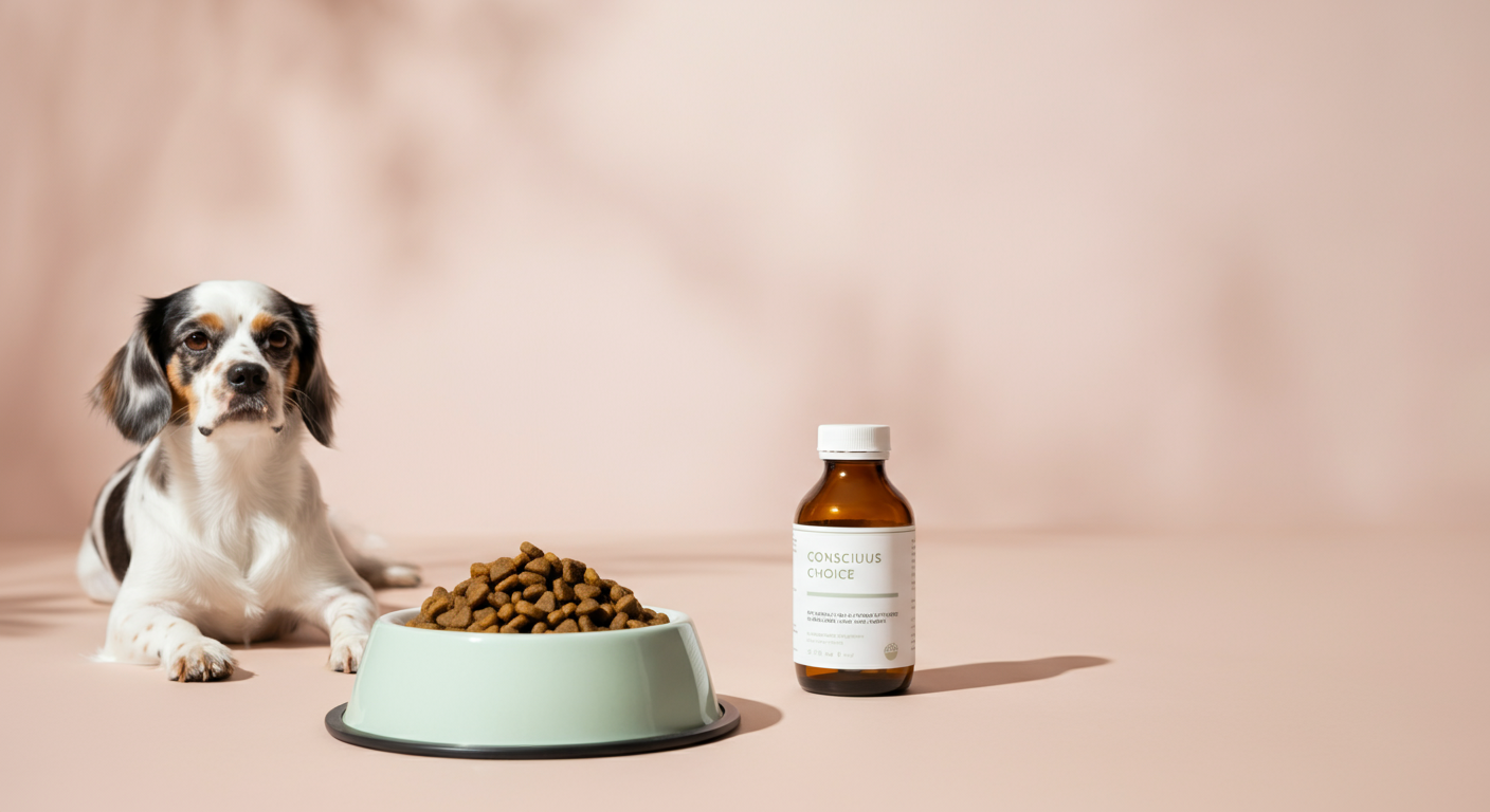 犬用のフードボウルの横に置かれた、シンプルでおしゃれなラベルのサプリメントボトル。