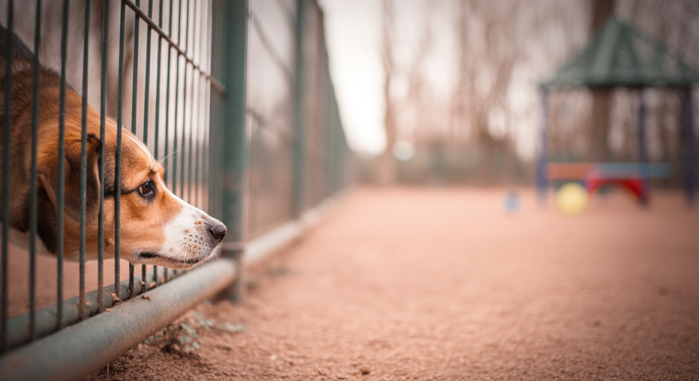 ドッグランのフェンスの外側で、慎重に匂いを嗅いでいる犬の鼻先の写真。