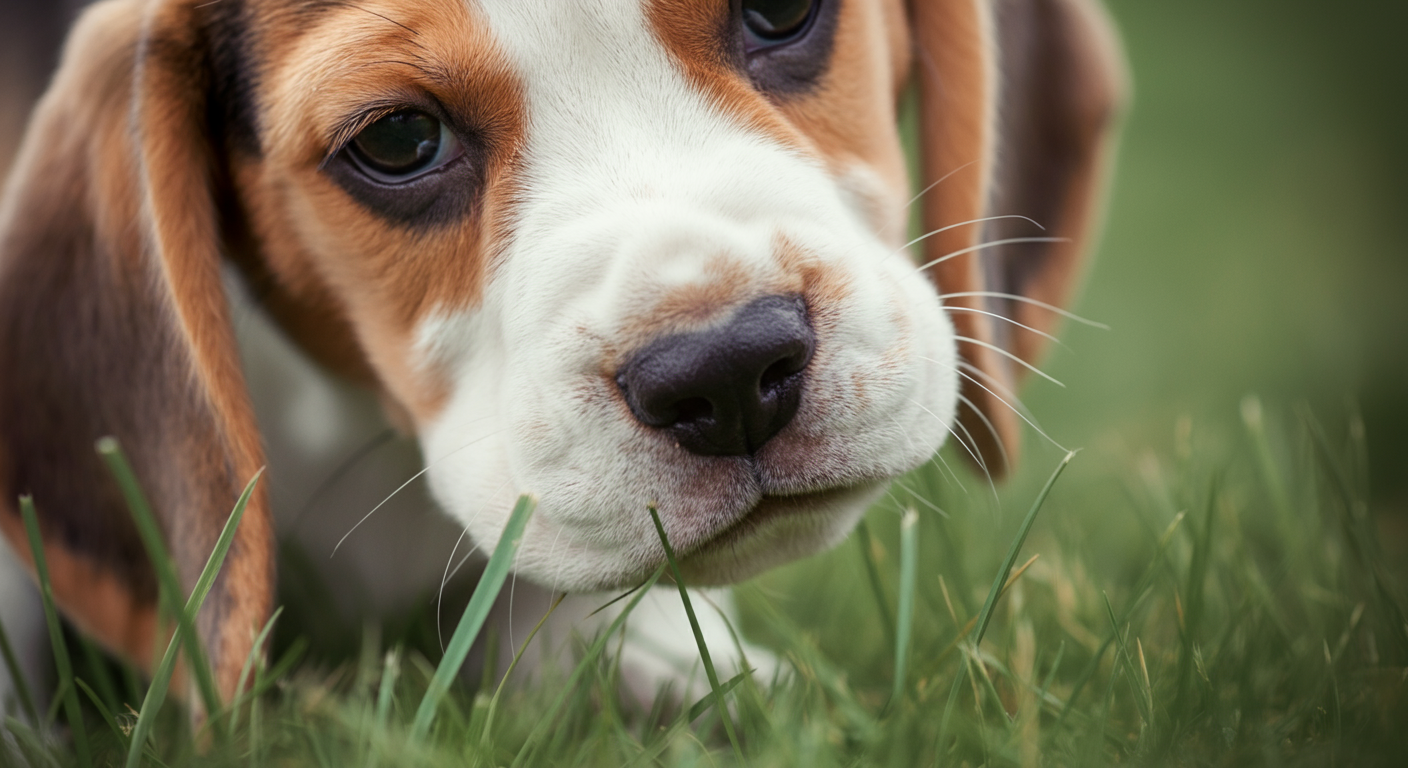 芝生の匂いを嗅いでいる子犬の鼻先のクローズアップ写真。
