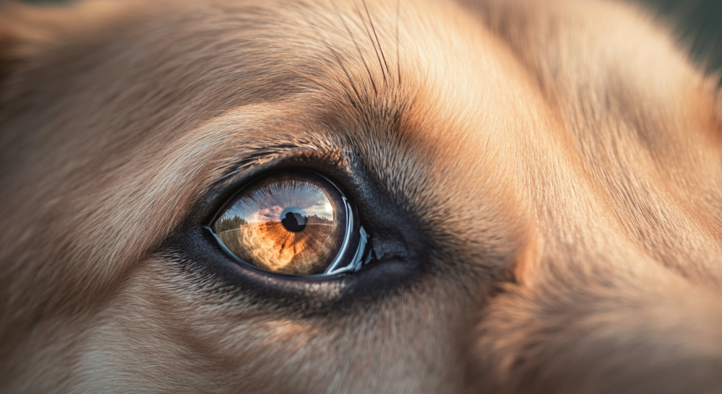 犬の瞳のクローズアップ。瞳にはフリスビーの形がぼんやりと映り込んでおり、高い集中力を示している。