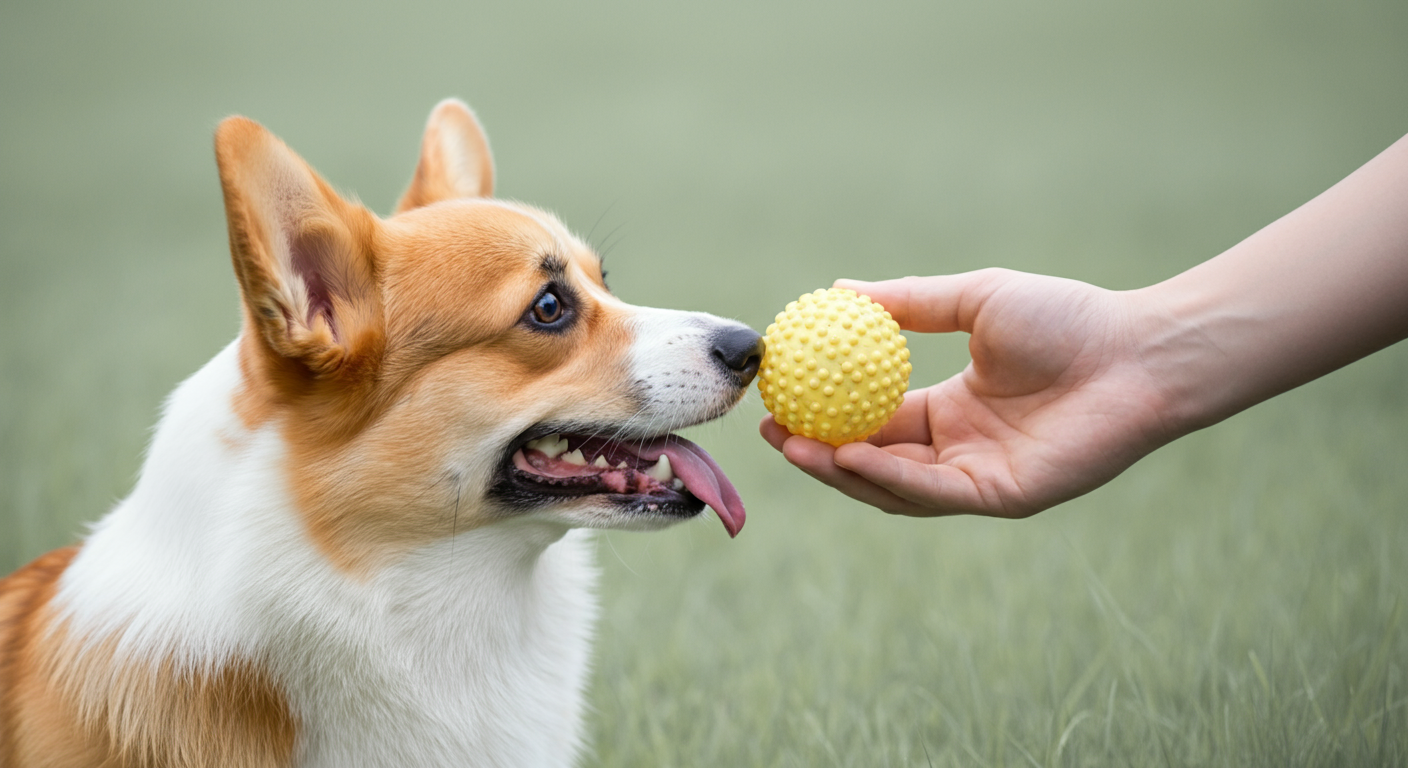 飼い主の手がコーギーに優しくボールを差し出している様子の写真。