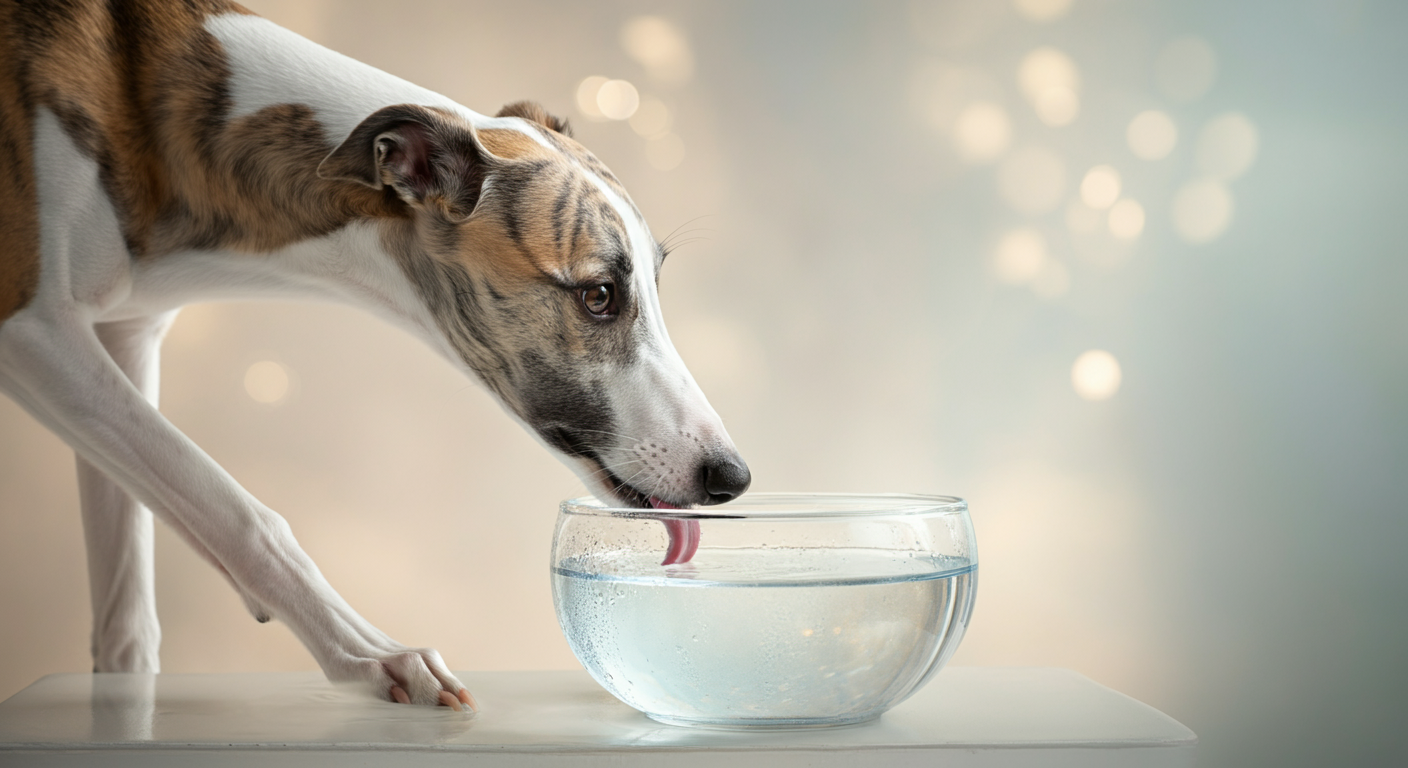 ドッグランで遊んだ後、ガラスのボウルから美味しそうに水を飲む犬。
