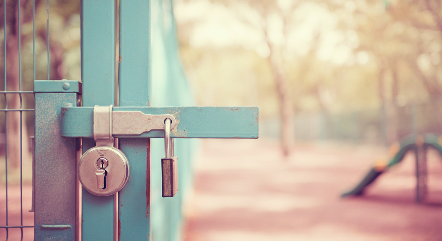 ドッグランの入り口の鍵が閉まっている様子を写した象徴的な写真。