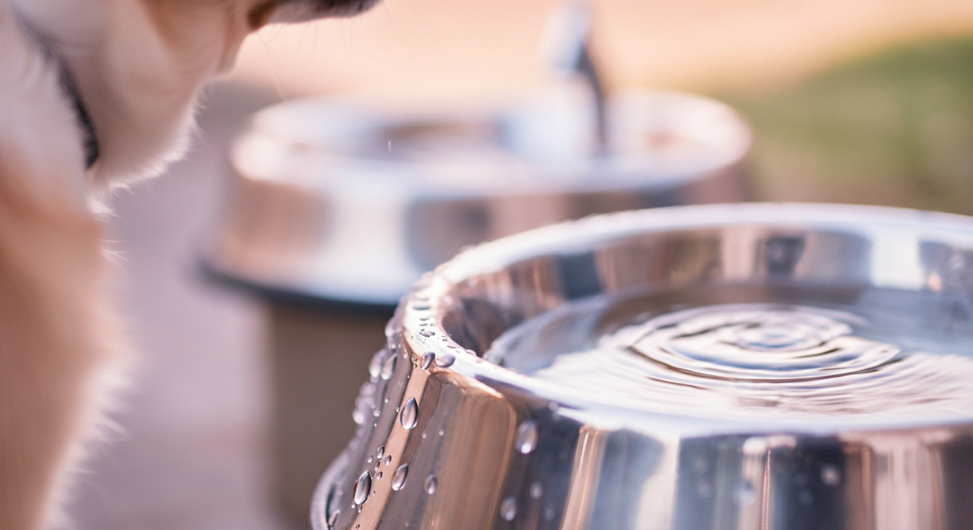 個人用の清潔な犬用水入れの縁についた水滴のマクロ写真。背景の共用水飲み場はぼかされている。