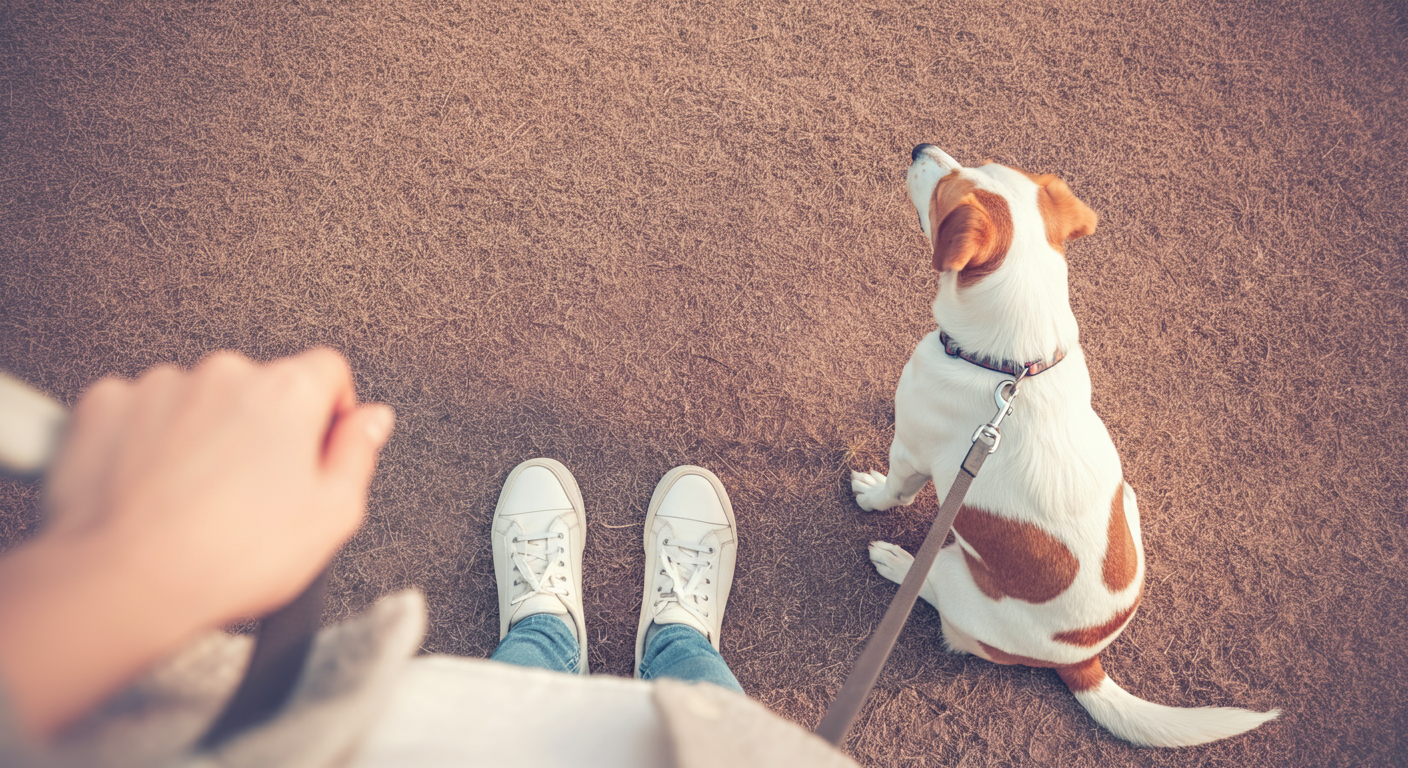 リードをつけた犬が飼い主の隣で落ち着いてドッグランの様子を眺めている様子。