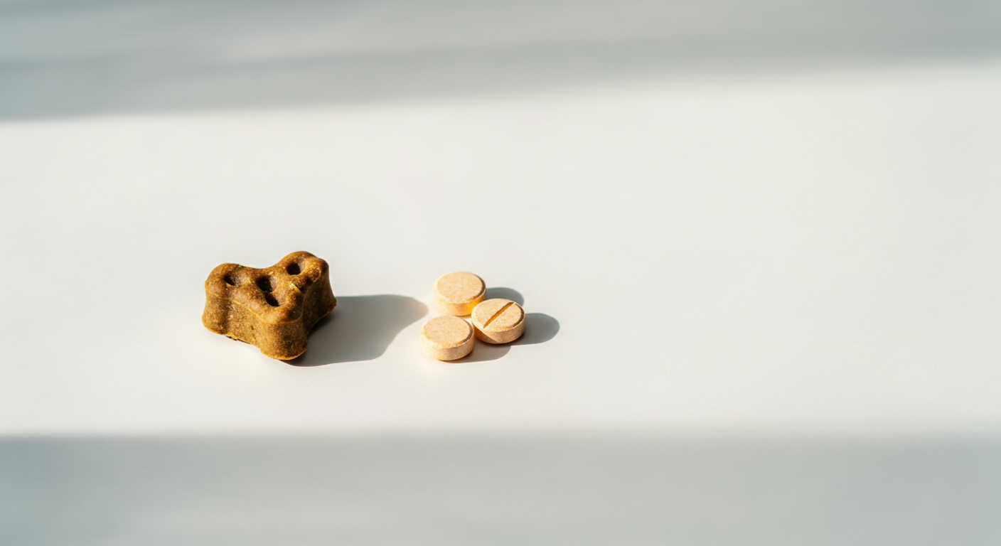 白いテーブルの上に置かれたハート型のおやつと数粒のサプリメント。嗜好性の良さを示唆している。