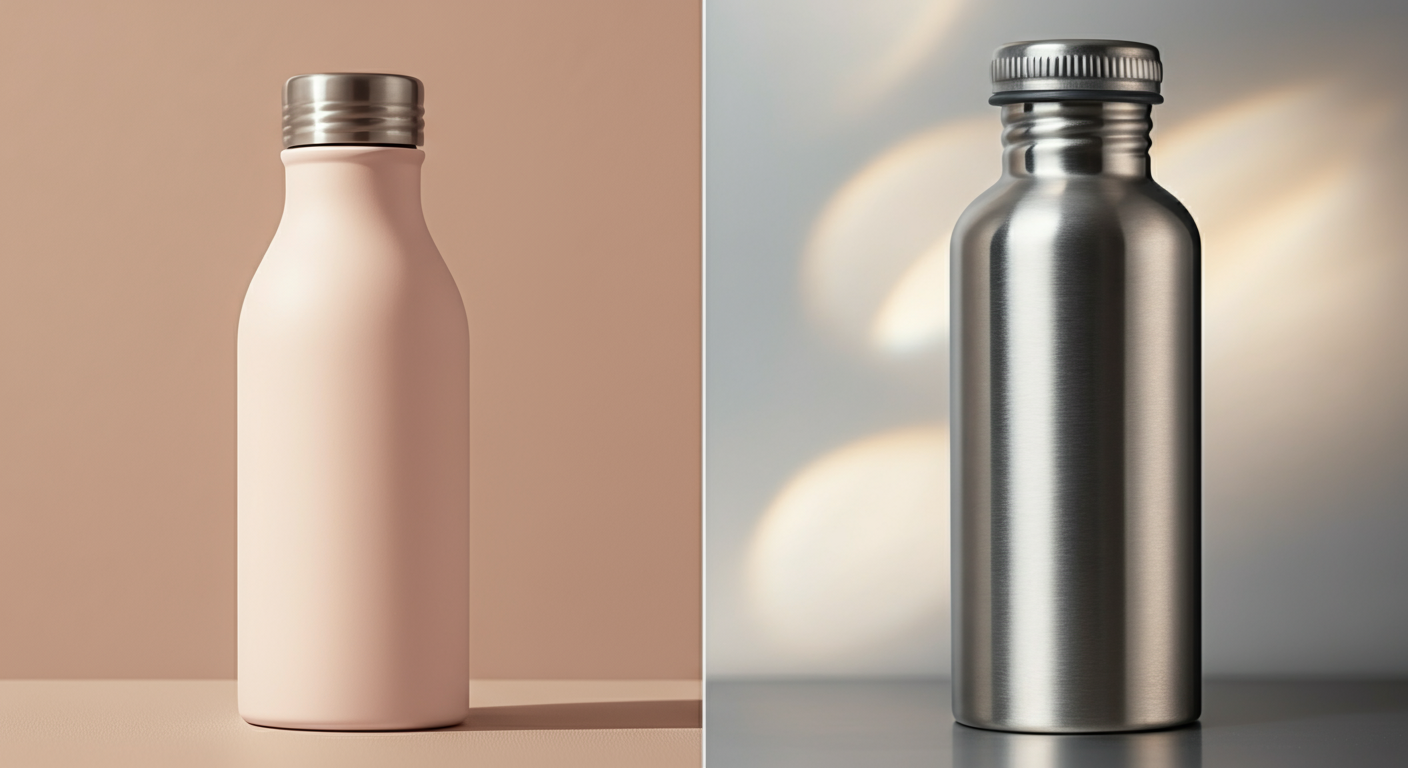 パステルカラーのプラスチック製ボトルと、クールなステンレス製ボトルが並び、素材感の違いを光で表現している。