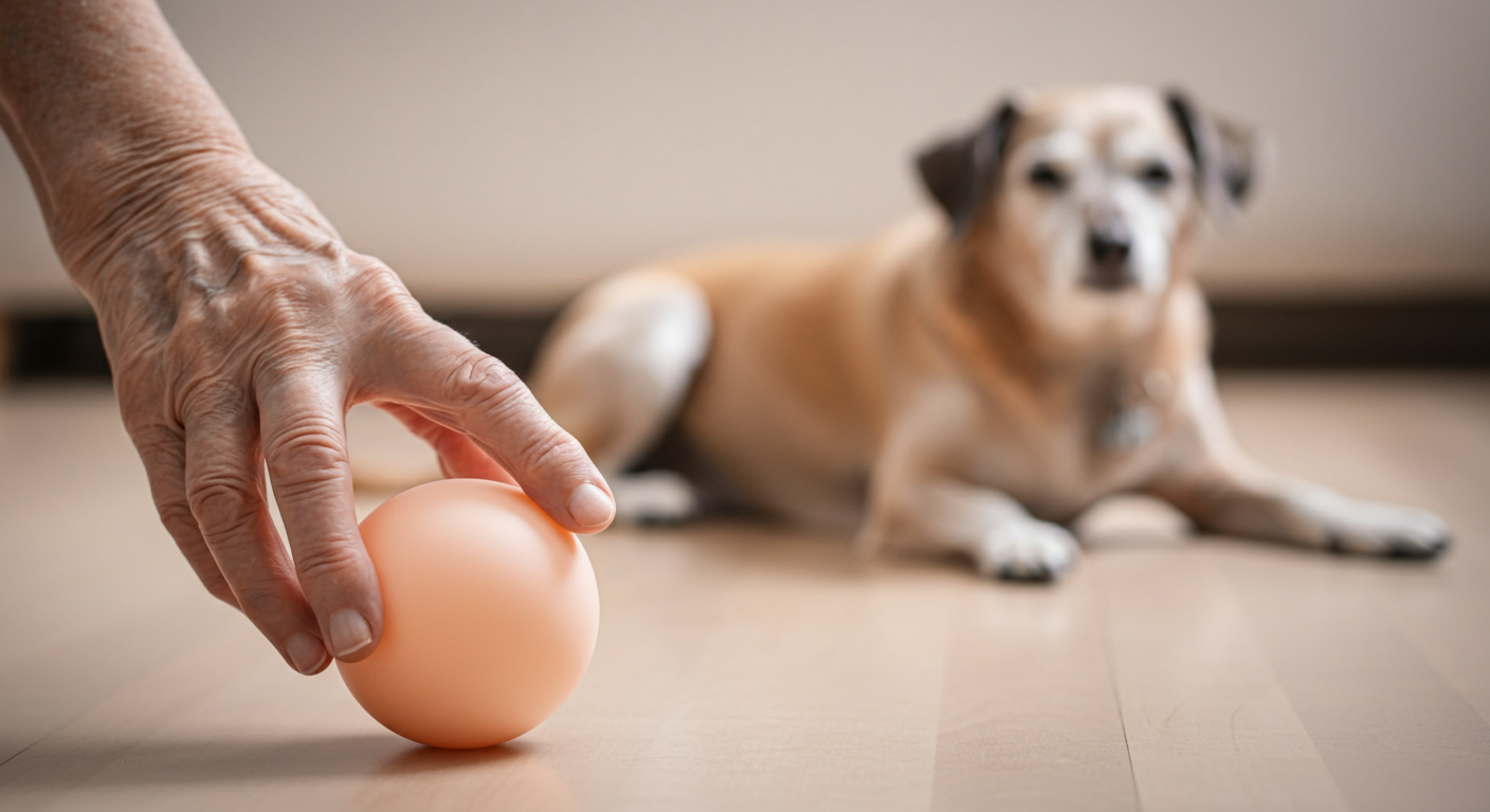 高齢者の手が、床の上でくつろいでいるシニア犬に向かって、軽くて柔らかいパステルカラーのボールを優しく転がしている写真。