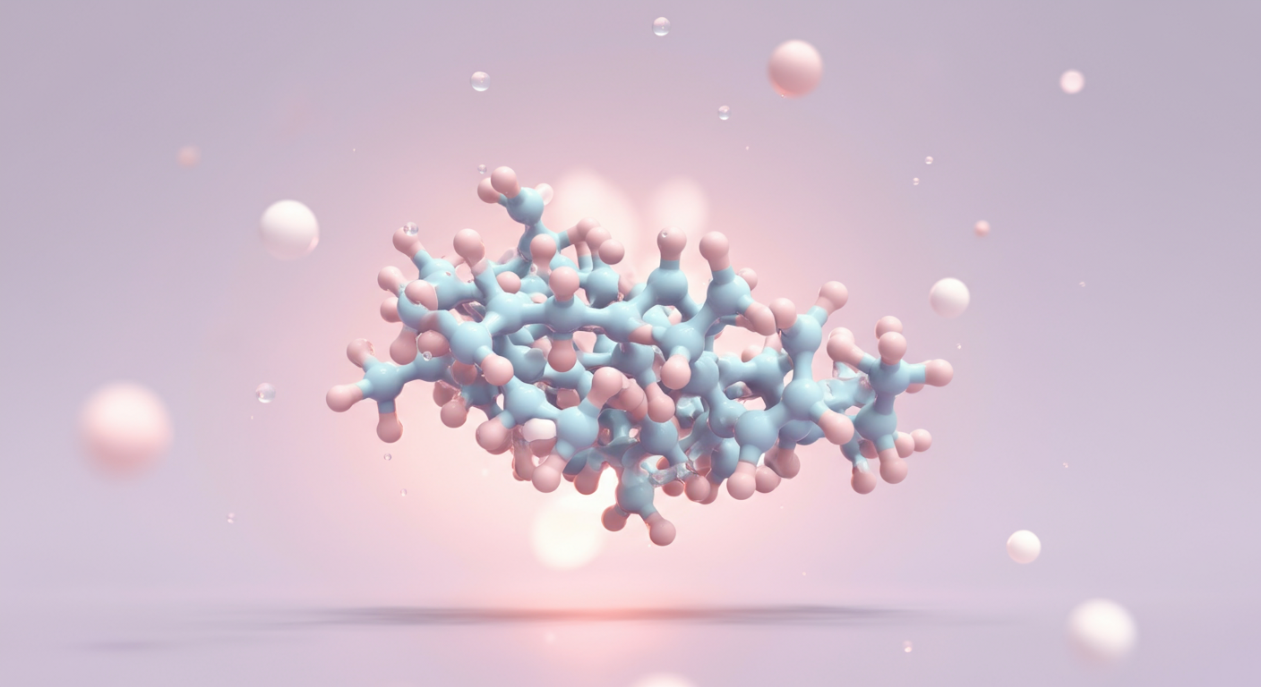 多糖類をイメージした、光る分子構造の抽象的なアート。パステルカラーのミニマルで科学的な写真。