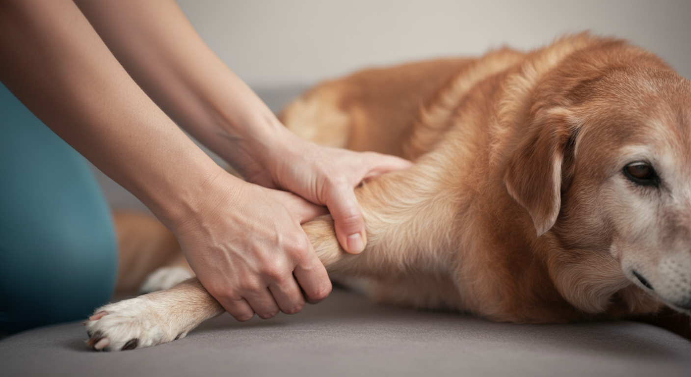 飼い主がシニア犬の足を優しくマッサージしている手元のクローズアップ写真。