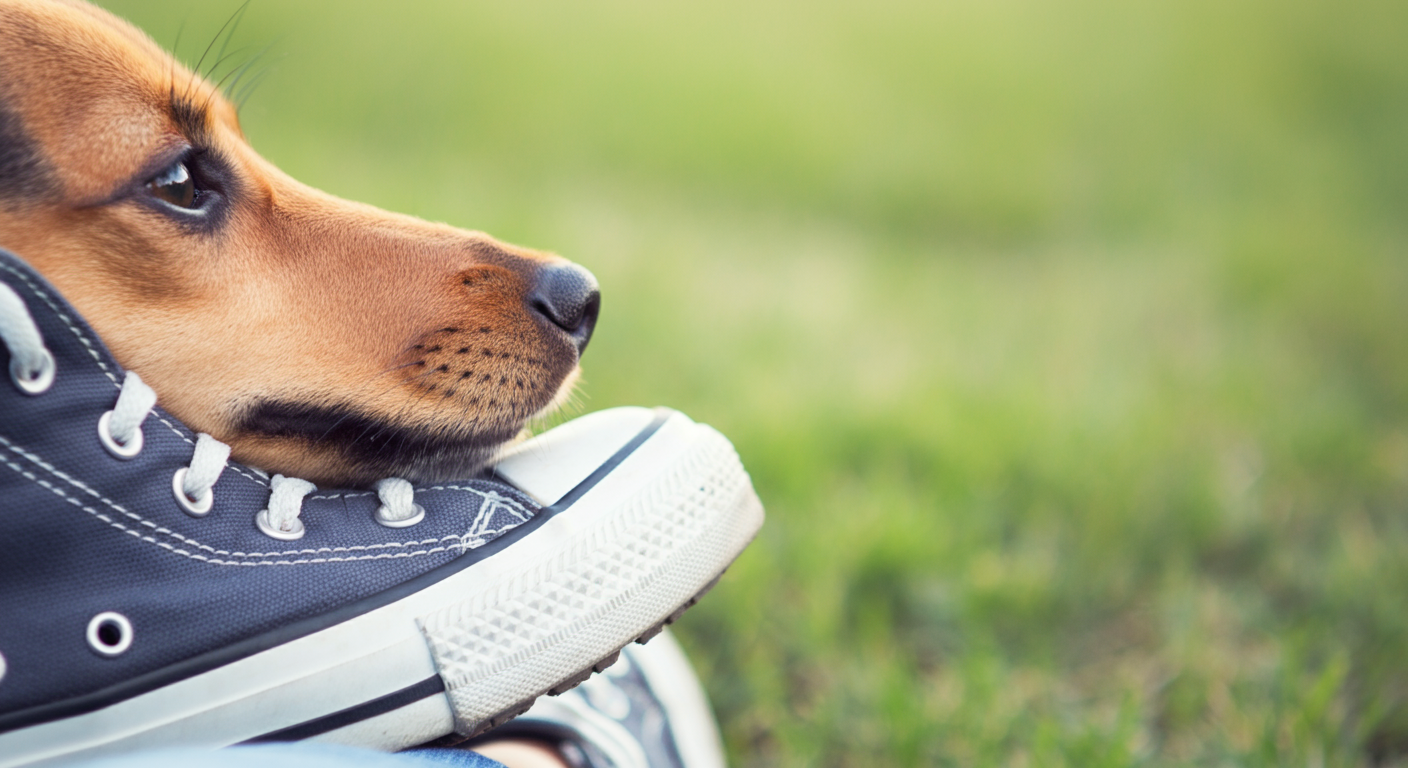 飼い主のスニーカーに鼻先を乗せて安心している小さな犬のクローズアップ。
