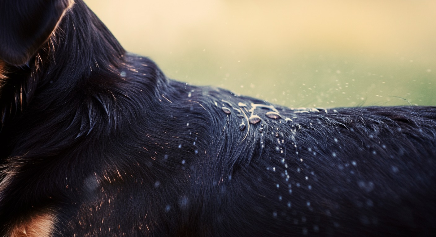 犬の背中の毛皮についた、体を冷やすためのキラキラした水滴のアップ。