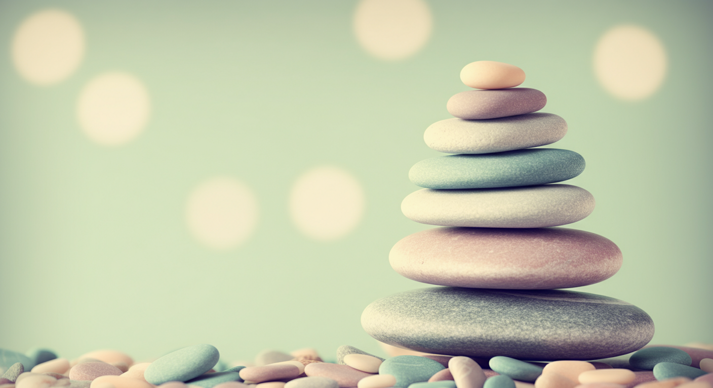 パステルカラーの滑らかな石が絶妙なバランスで積み重なっている様子