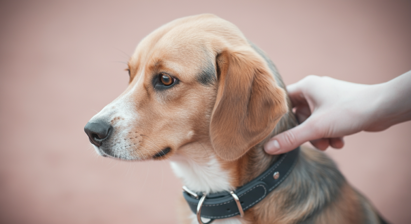 飼い主が犬の首輪を優しく掴み、興奮した遊びを中断させている様子のクローズアップ。