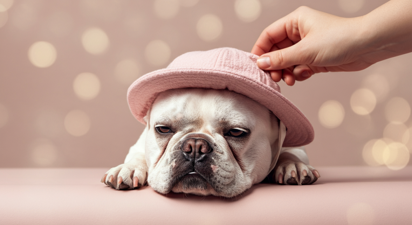 飼い主の手が、眠そうな犬の頭のすぐ上で優しくUVハットを持っている。まだかぶせてはいない。