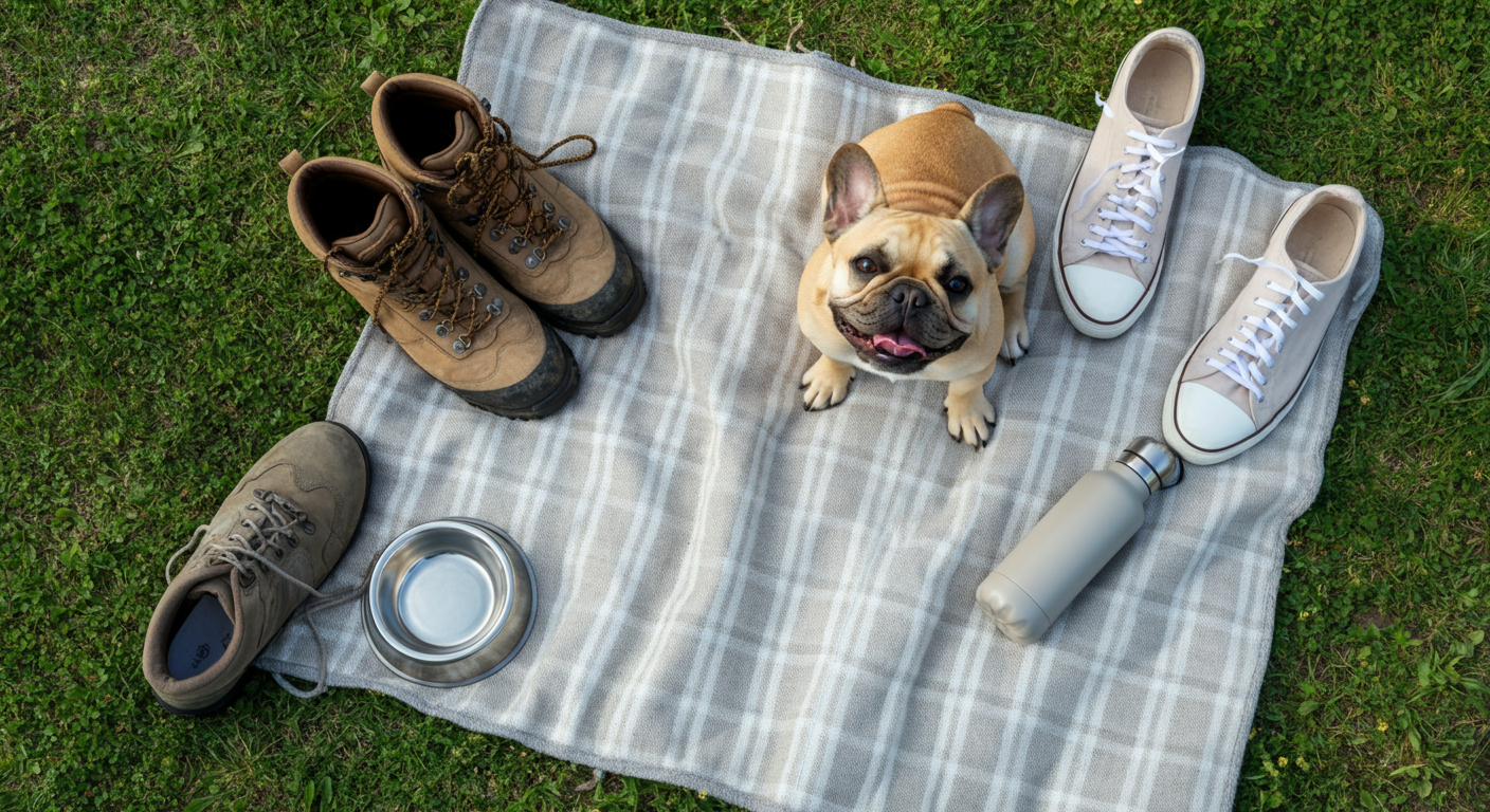 アウトドア派とシティ派の持ち物を対比させたピクニックシートの俯瞰写真。中央にフレンチブルドッグが座っている。