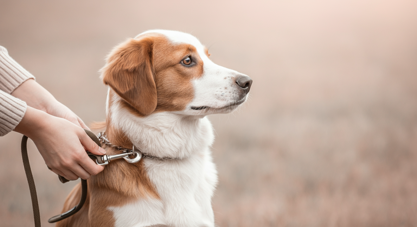 飼い主が、落ち着いて座っている犬の首輪からリードを外そうとしている手元のクローズアップ。