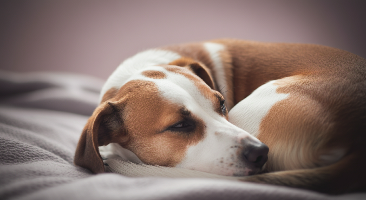 柔らかいブランケットの上で安らかに眠る犬の背中を捉えた、休息をテーマにした写真