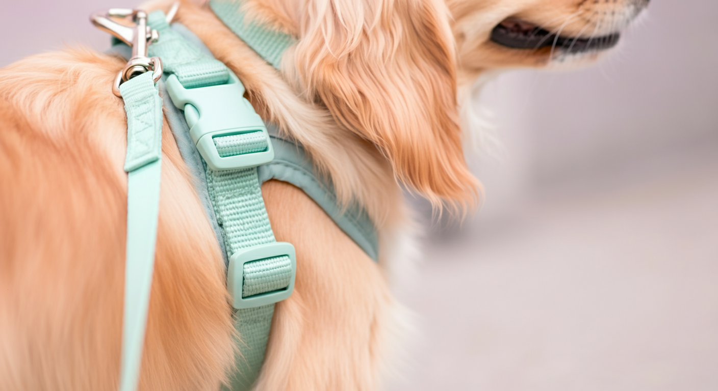 犬の胸元にあるハーネスの金具に、パステルグリーンのリードが装着されている様子のクローズアップ
