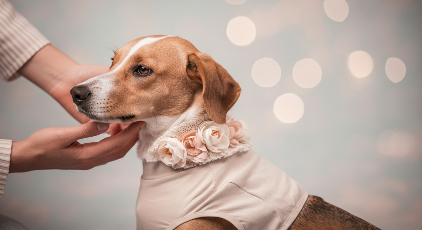 飼い主の手が、マナーウェアを装着した犬の体を優しく撫でている。犬はリラックスしており、信頼関係が感じられる。