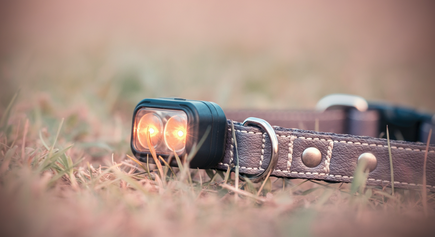 犬の首輪の丈夫な縫い目と、セーフティライトの取り付け部分のクローズアップ。耐久性と安全性を表現している。