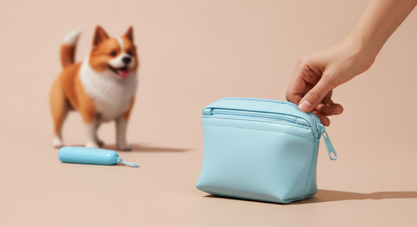 ドッグランの芝生の上で、飼い主がマナーポーチのジッパーを閉めている手元のアップ。背景には犬のしっぽがぼやけて見える。