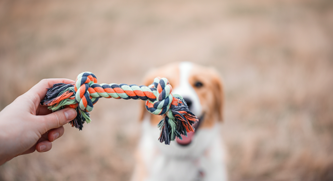 カラフルな犬用おもちゃを持つ飼い主の手と、その後ろで遊びたそうにしている犬の顔