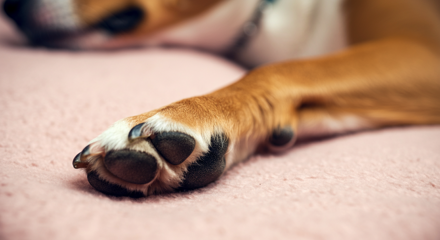 柔らかいブランケットの上に置かれた犬の足のクローズアップ。皮膚の繊細さを表現している。