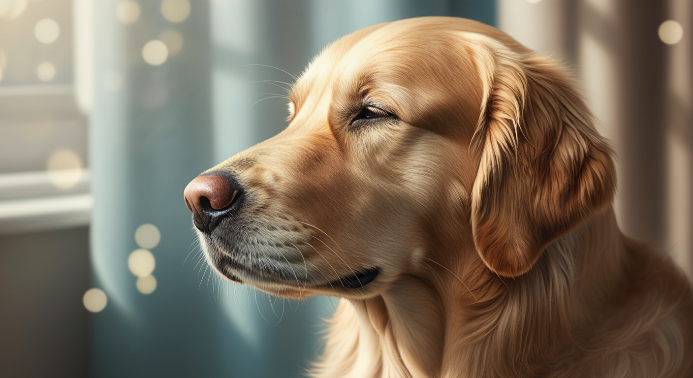 窓から差し込む柔らかな光を浴びて、気持ちよさそうに目を閉じている犬の横顔。