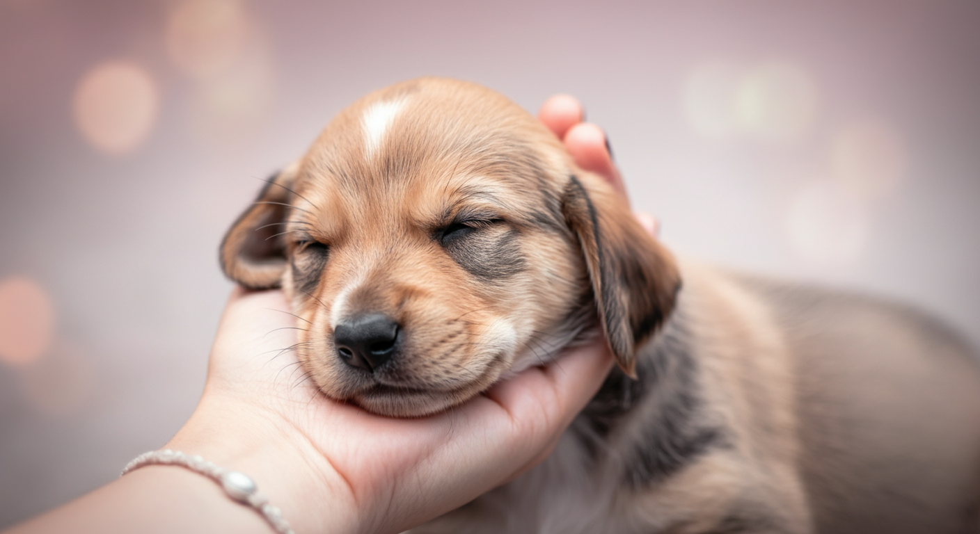 柔らかな自然光の中で、飼い主の手に優しく撫でられている子犬の頭部。