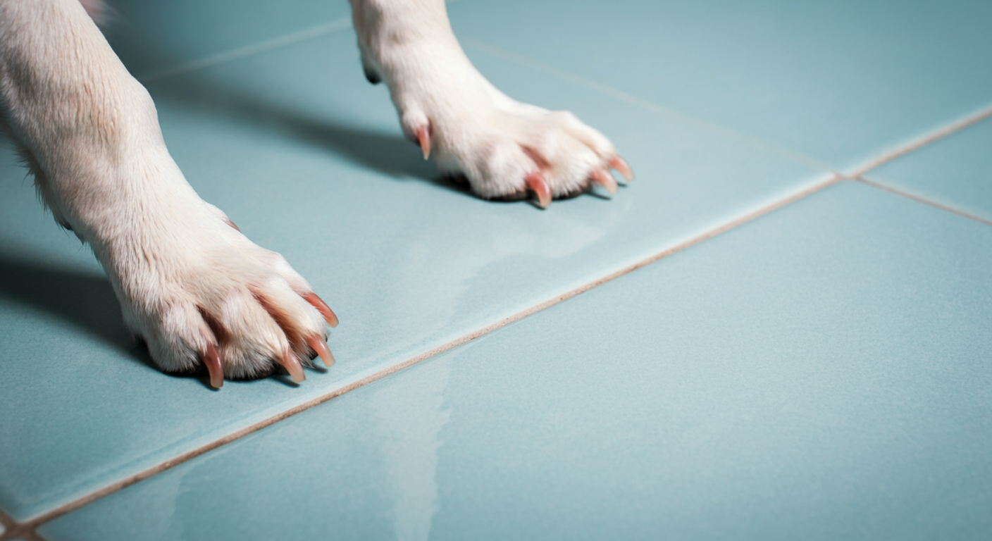 パステルブルーの涼しげなタイルに、犬の濡れた足跡がついている。