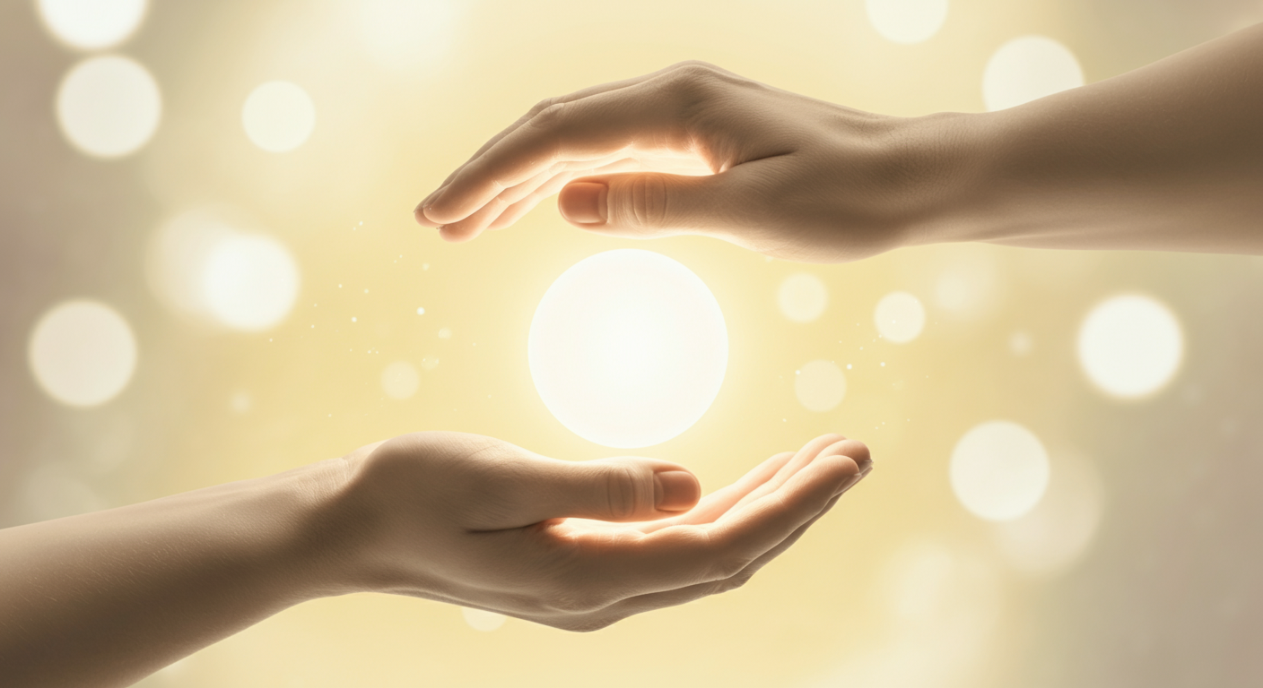 光の玉を優しく包み込む二つの手。パステルカラーでケアとサポートを表現した抽象的な写真。