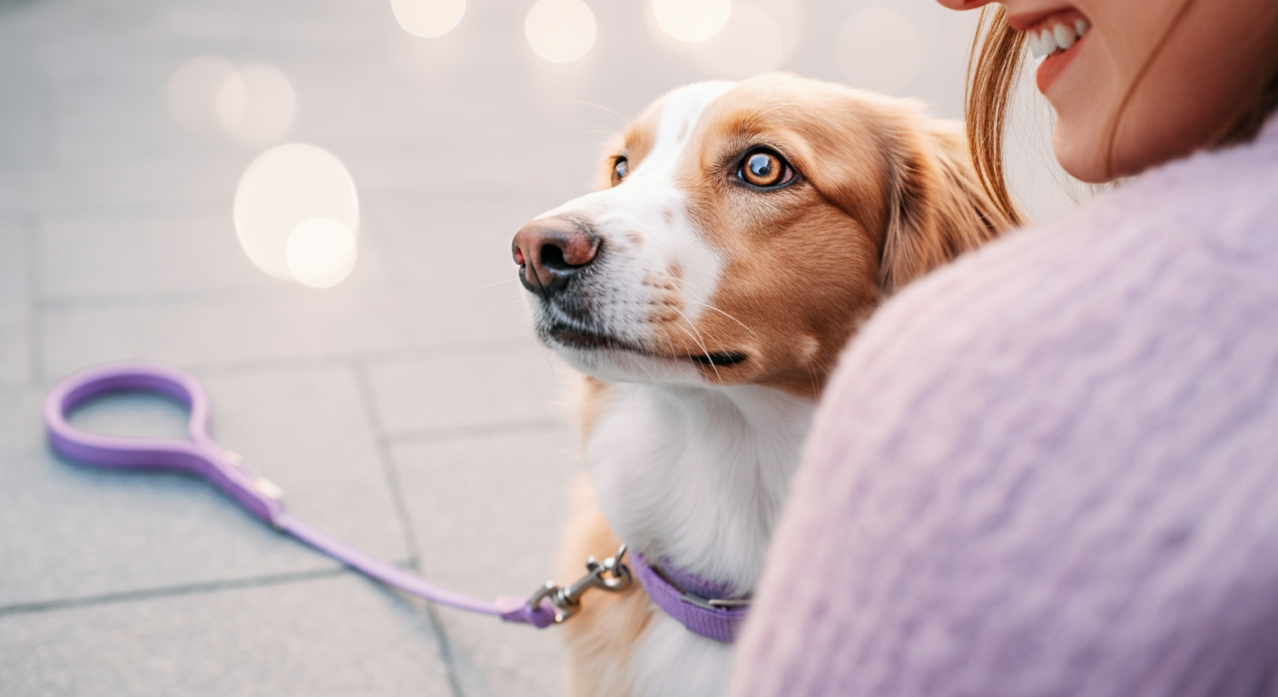 犬の目線から見上げた、微笑んでいる飼い主の顔。フレームの下部にはラベンダー色のロングリードが見え、二人を繋ぐ強い絆を象徴している。