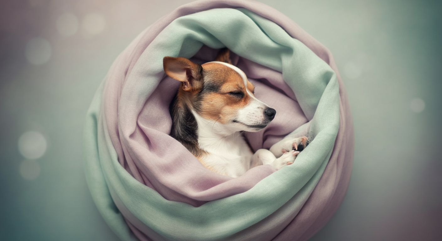 スリングの中で、犬が背中を丸めた自然なCカーブの姿勢で眠っている様子を捉えた抽象的な写真。