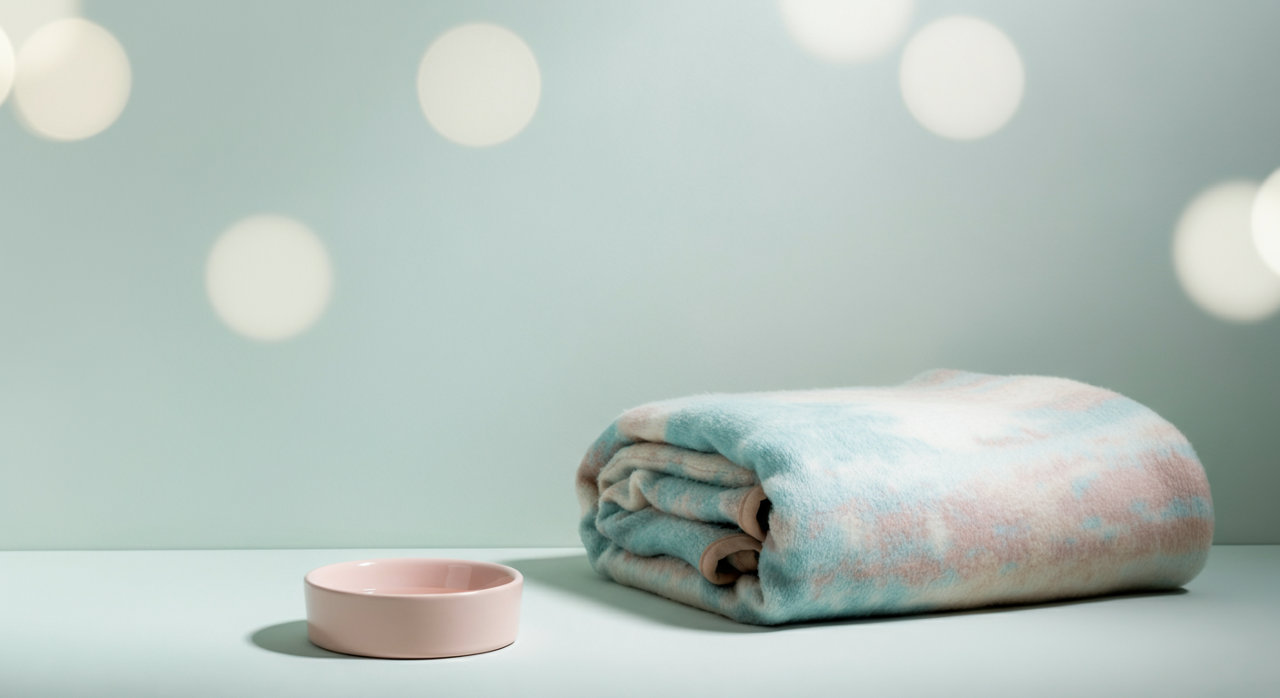 水飲みボウルの横にきれいに畳まれた柔らかいブランケット。