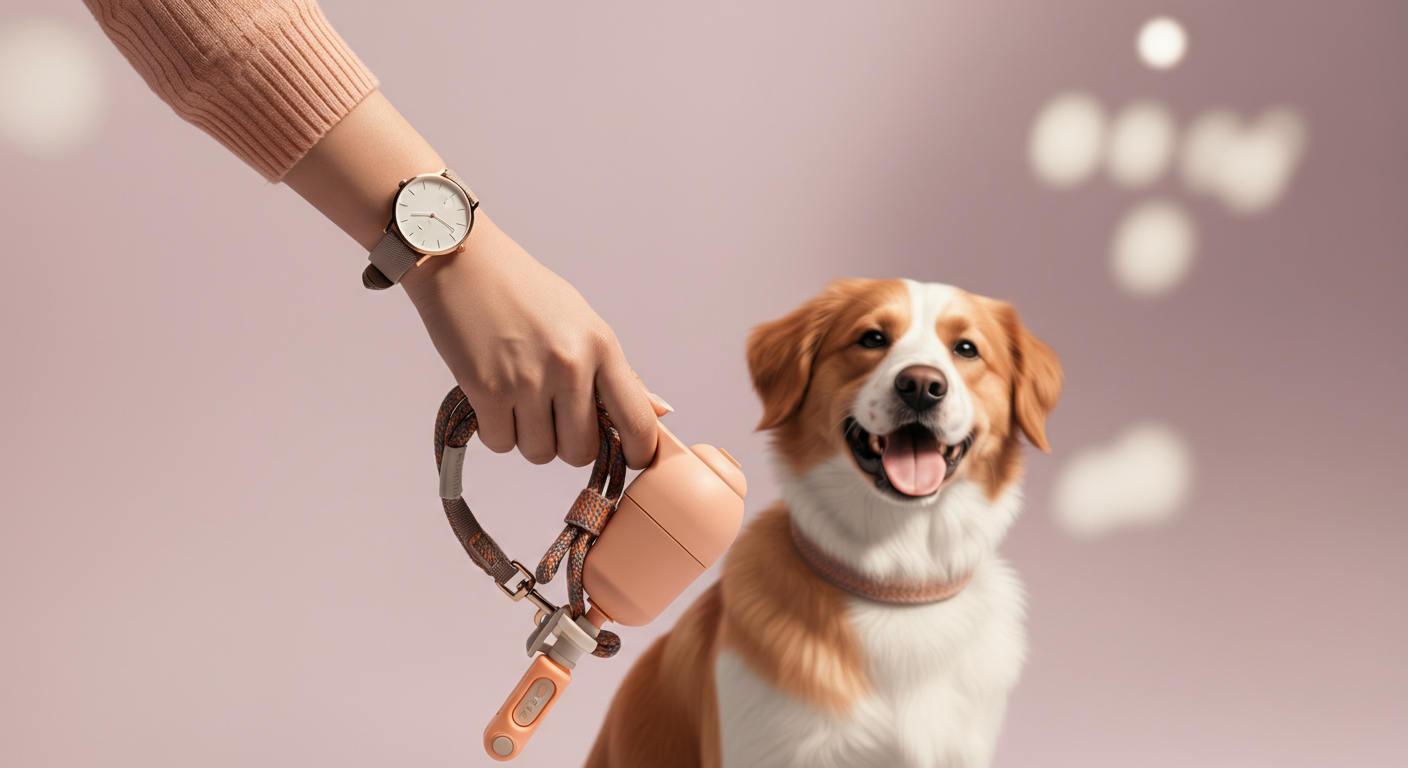 おしゃれな腕時計をした飼い主が、ファッション性の高いディスペンサーが付いたリードを自信を持って持っている。背景には幸せそうな犬がぼやけて見える。