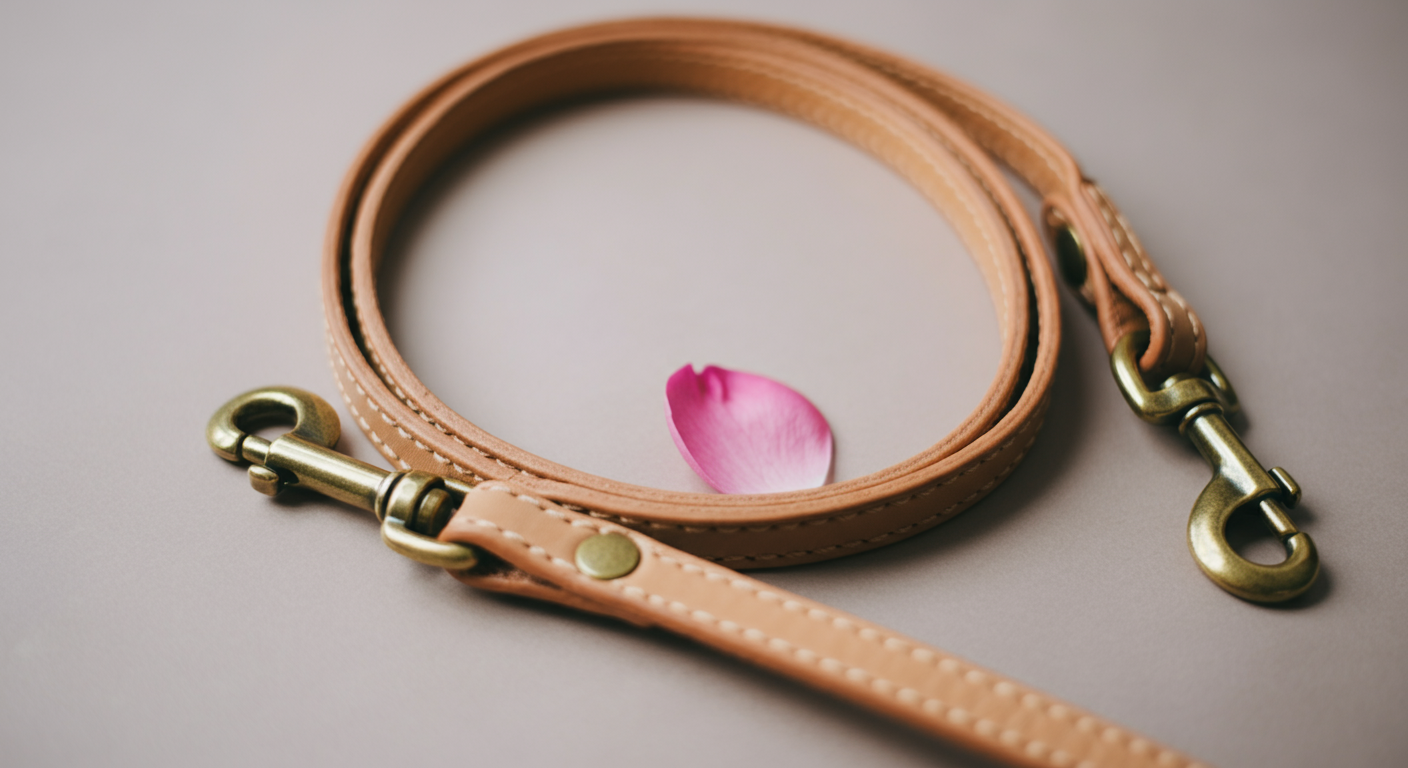 美しいステッチが施されたタン色の革製リードと、真鍮の金具のクローズアップ。一枚の花びらが添えられている。