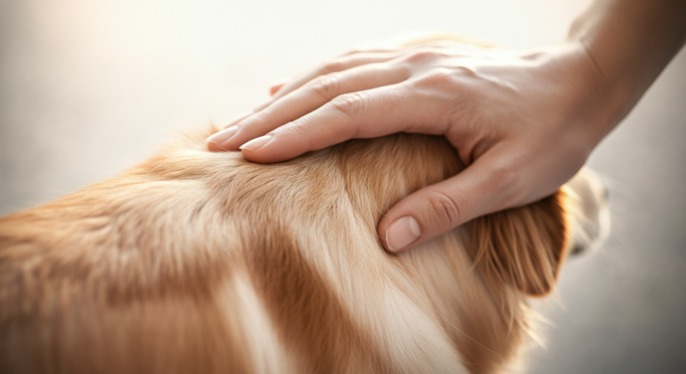 犬の背中を優しく撫でている人間の手のクローズアップ