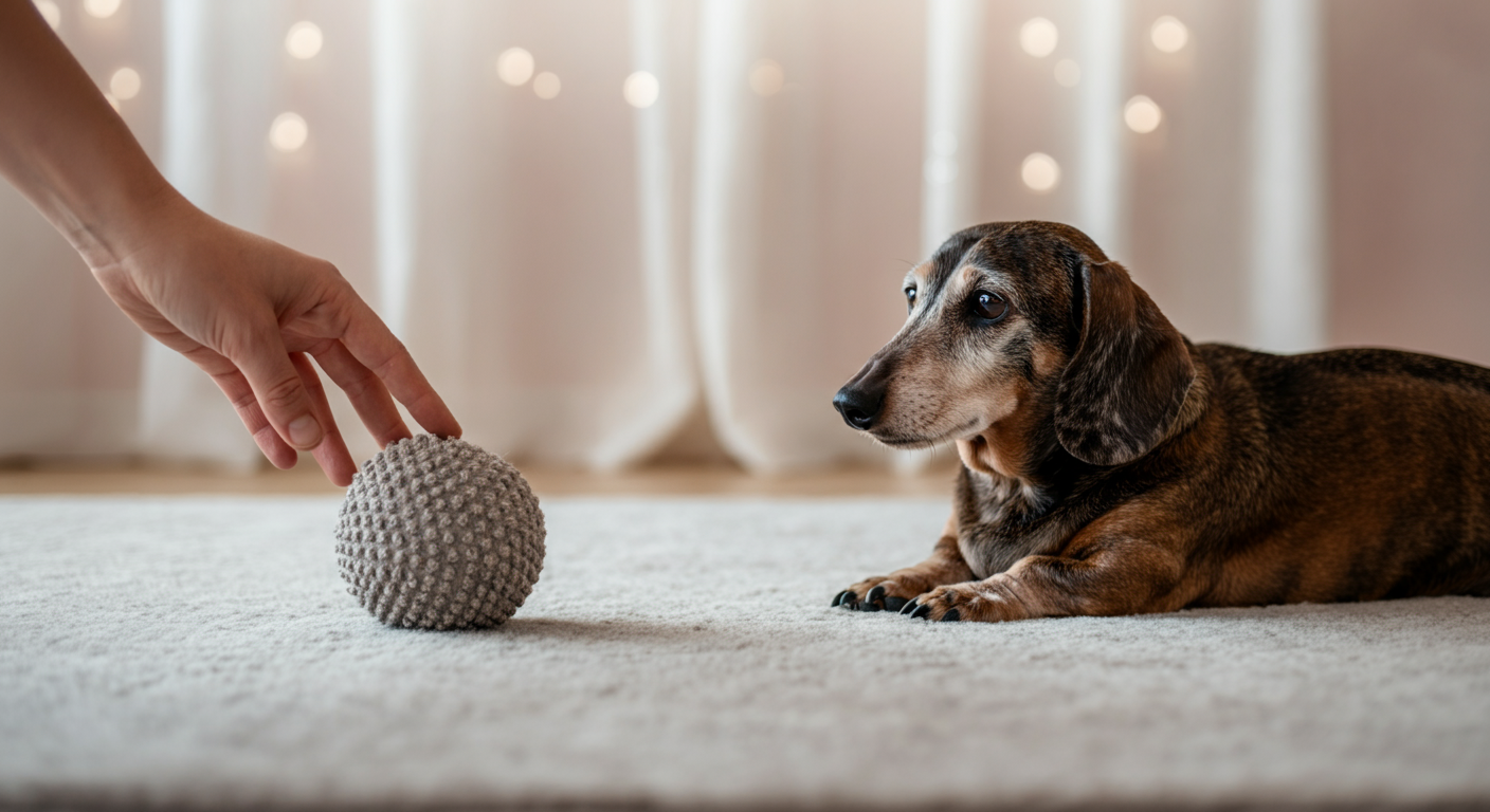 人がシニア犬のダックスフンドに向かって、ラグの上で柔らかいボールを優しく転がしている写真。穏やかでゆっくりとした時間の流れを感じさせる。