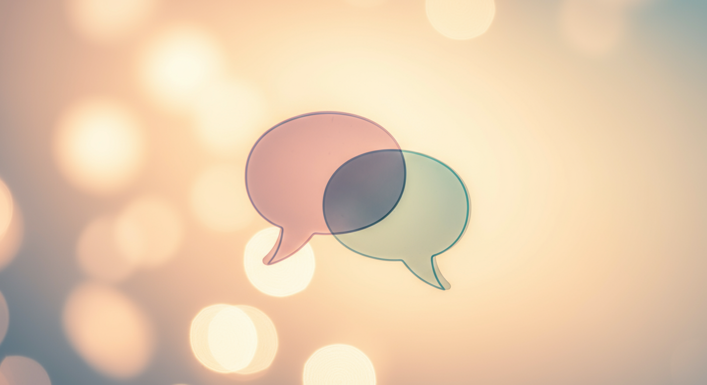 パステルカラーの半透明な吹き出しが2つ重なり合っている、コミュニケーションを象徴する抽象的な画像。