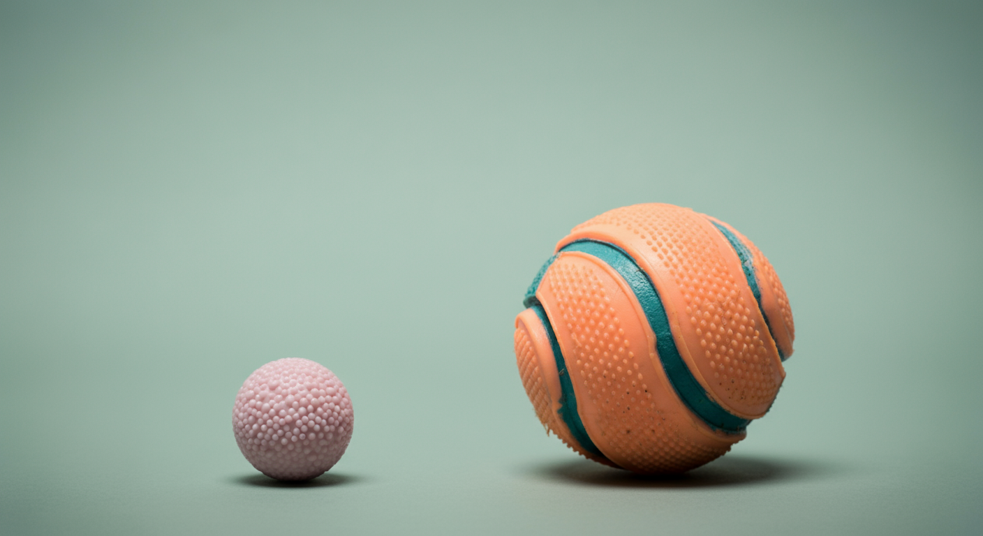 犬用の適切なサイズのボールと、危険なほど小さいボールを並べて比較している写真。