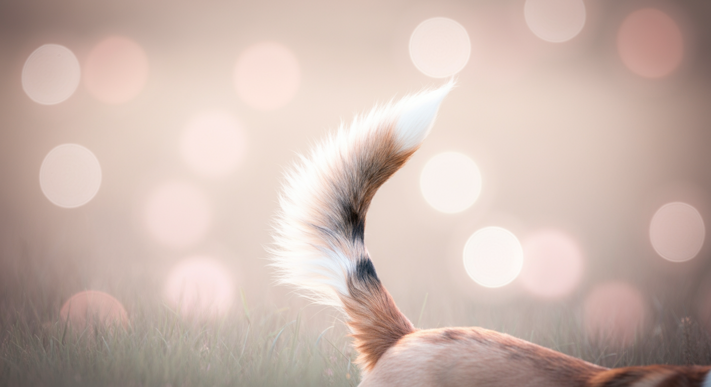 パステルカラーのぼやけた背景に、犬のしっぽが高く硬直しているシルエットを捉えたローアングル写真。