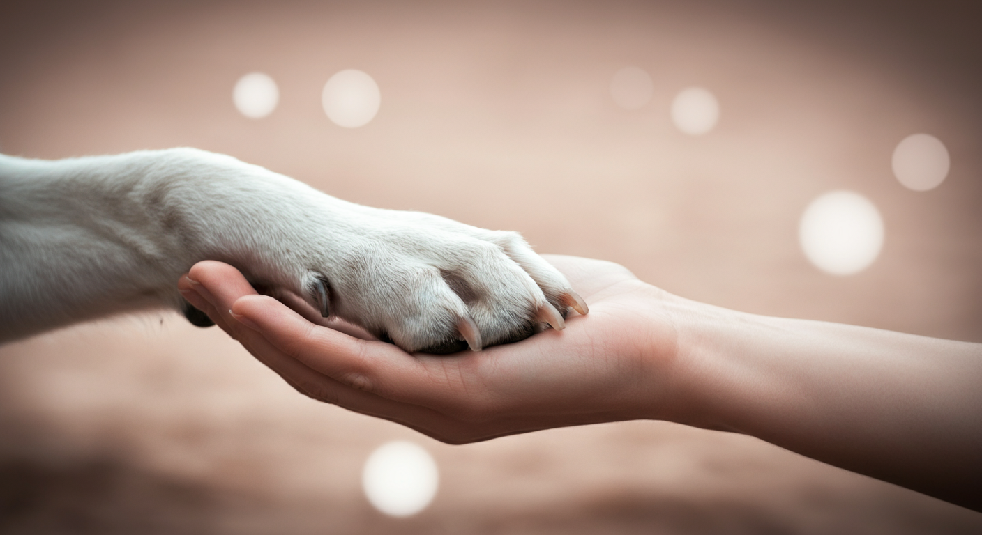 大きな犬の優しい前足が、人の広げた手のひらの上に乗せられているクローズアップ写真。