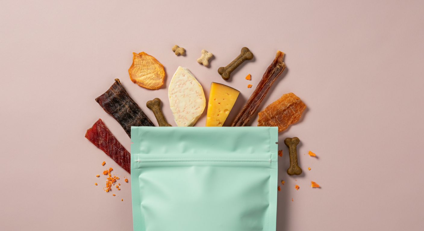 おしゃれなトリーツポーチの周りに、フリーズドライのささみやチーズなど、様々な種類の特別なおやつが並べられている。