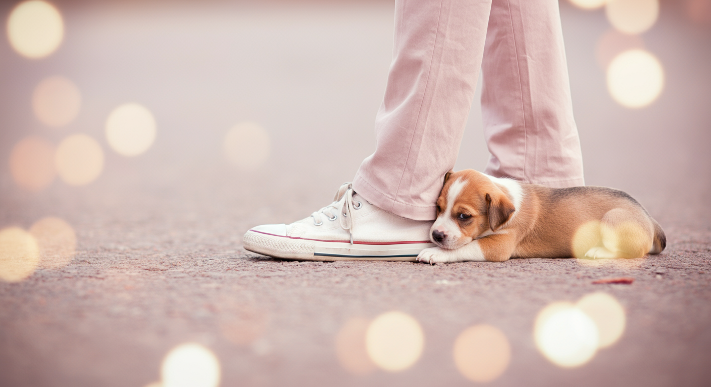 ローアングルから撮影された、人の足元に子犬が信頼しきって頭を寄せているクローズアップ写真。