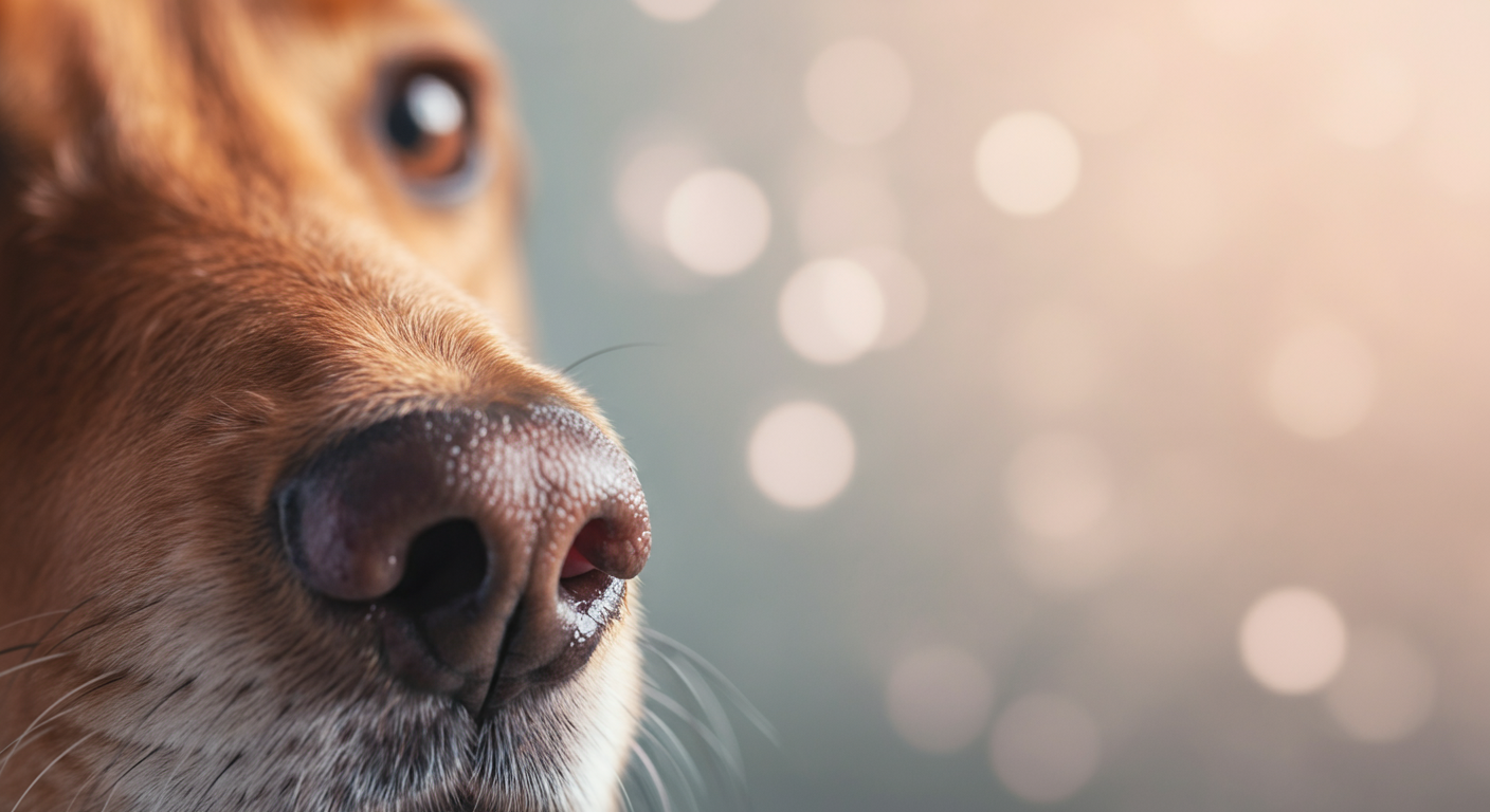 犬の鼻のクローズアップ写真。健康状態をチェックしている様子を抽象的に表現している。