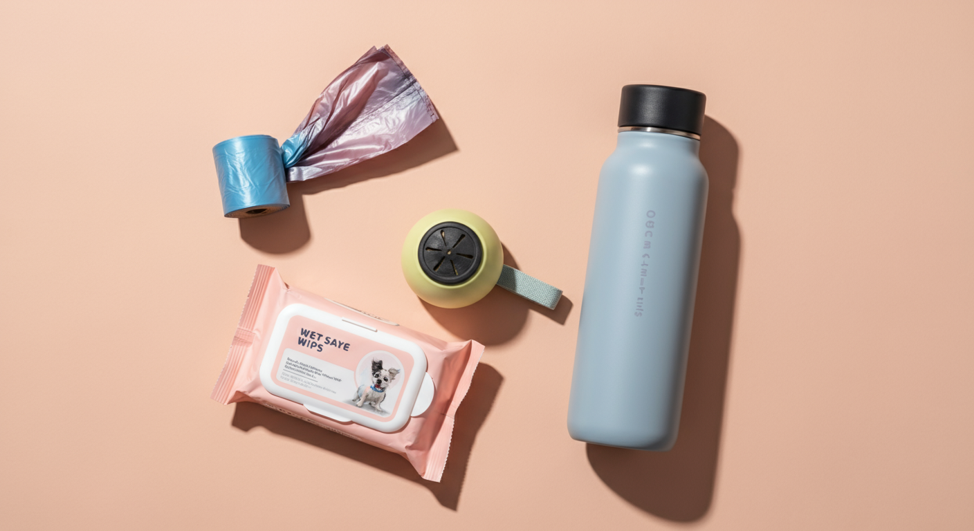 パステルカラーの背景に、犬用のうんち袋、水筒、ウェットティッシュがミニマルに配置されている俯瞰写真。