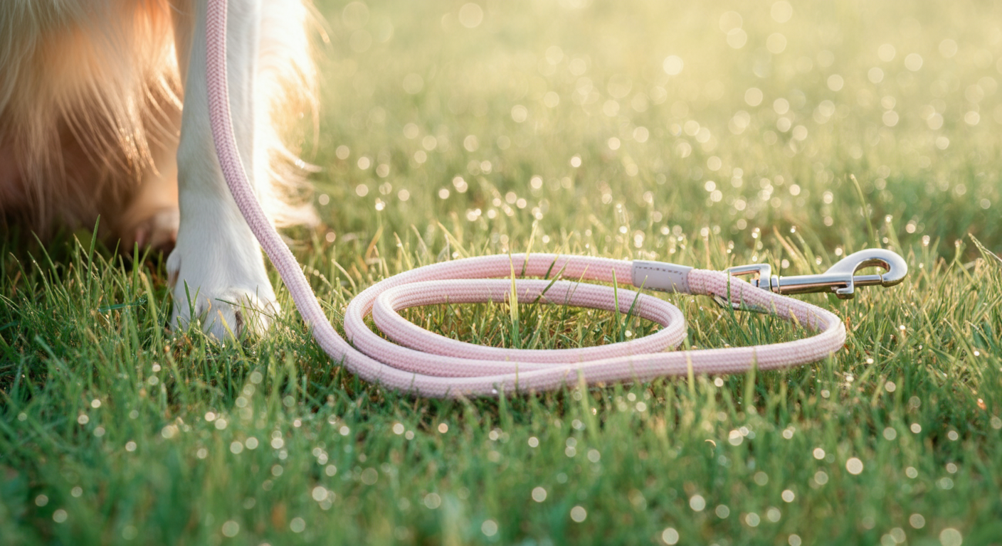 朝露に濡れた芝生の上に、パステルカラーの長い犬用リードが美しく置かれている写真。