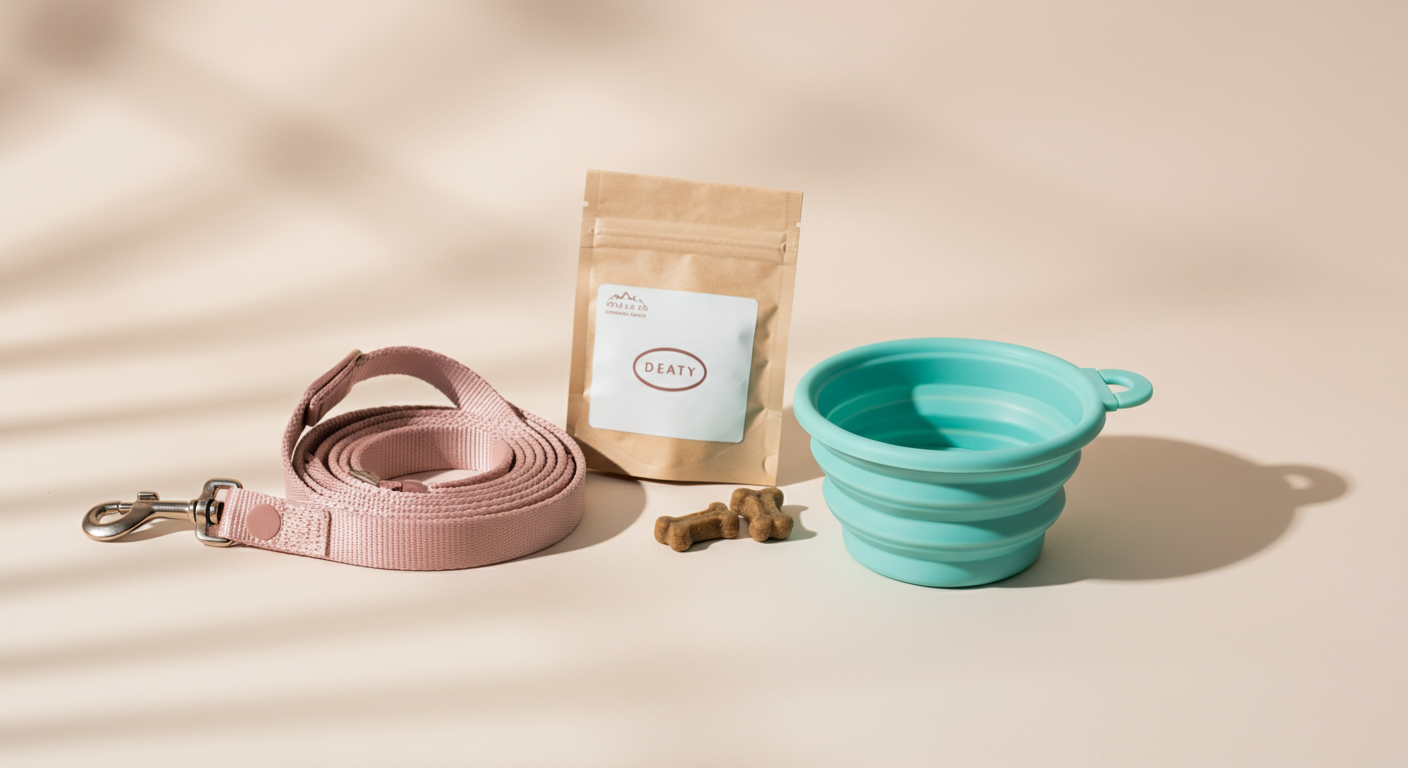 パステルカラーのリード、折りたたみ式の水飲みボウル、おやつの入ったポーチが綺麗に並べられているミニマルな写真。