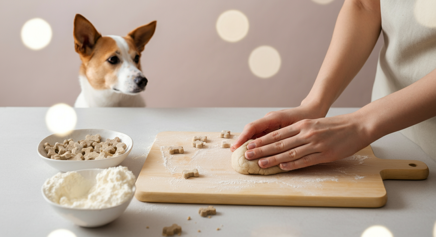 飼い主が愛犬のために、シンプルな材料でおやつを手作りしている様子の温かみのある写真。